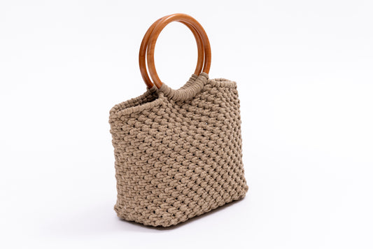 Sand macrame tote bag with camel wood handles