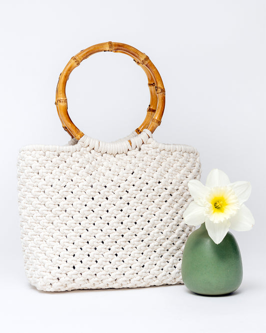 LARGE MACRAME TOTE WITH BAMBOO HANDLES