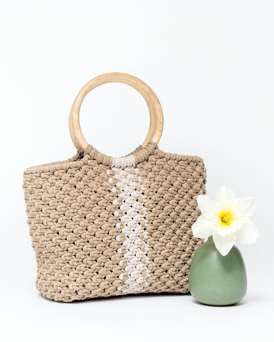 Large macrame tote bag in sand with oat stripe
