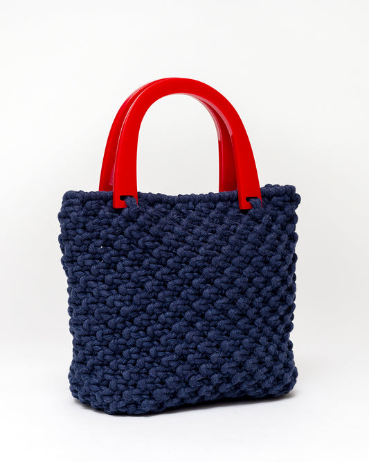 Red Lucite Handles on Navy Macrame Bag