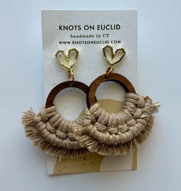 Wood Fringe and Gold Heart Macrame Earrings