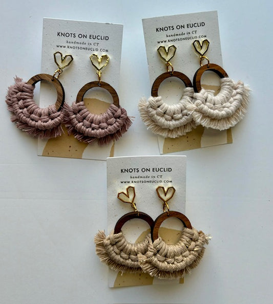Wood Fringe and Gold Heart Macrame Earrings