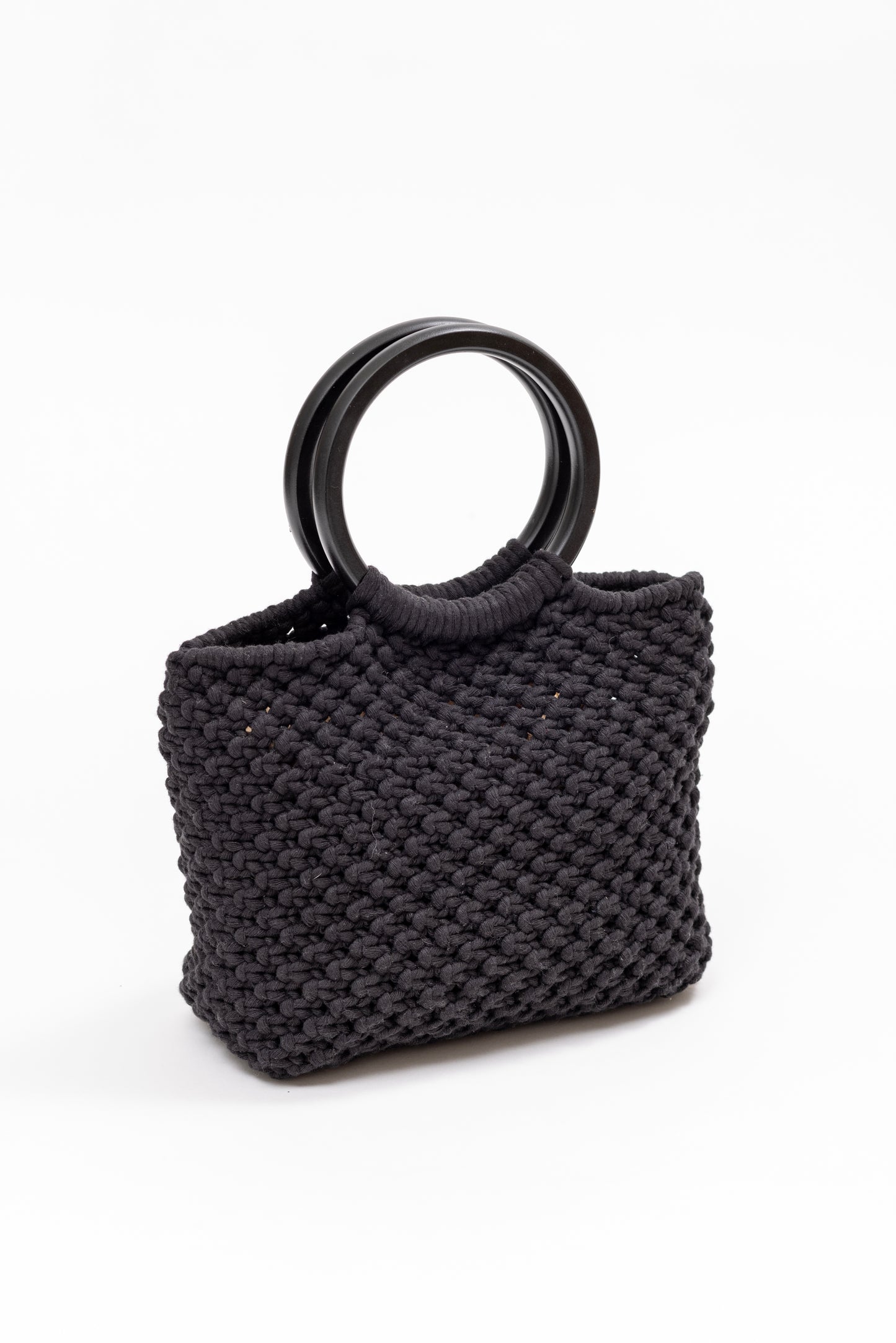 Black macrame tote bag with black handles