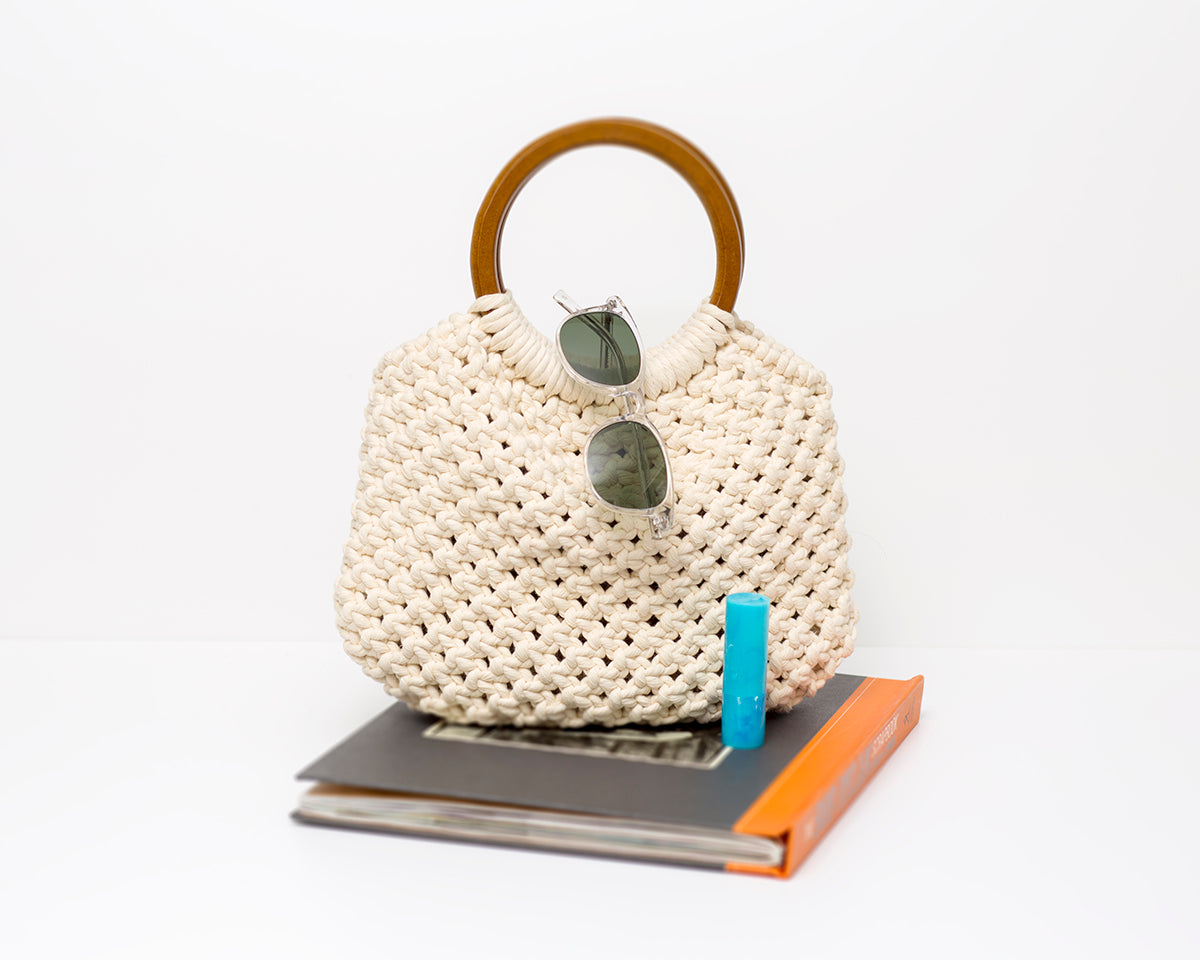 Handmade macrame purse with wood handle